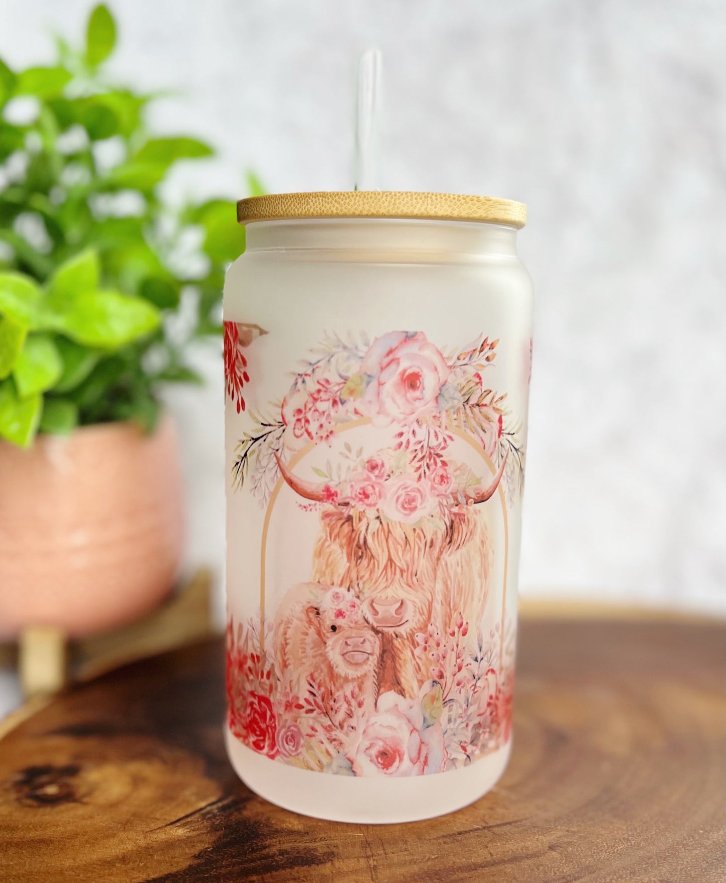 Floral Cow Beer Can Glass